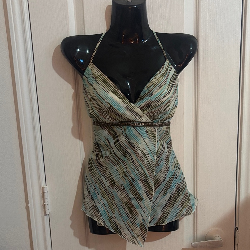 Y2K Halter Top - Blue and Brown with Sequin Detail